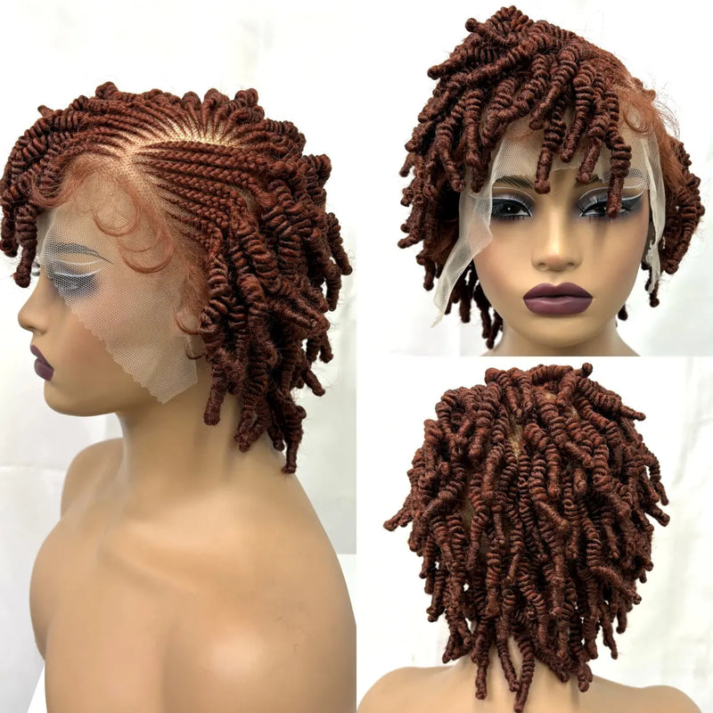 Short Bantu Braided Wigs Synthetic Full Lace Handmade Cornrow Braided Wigs 350# Ginger Braids Wig with Baby Hair for Black Women