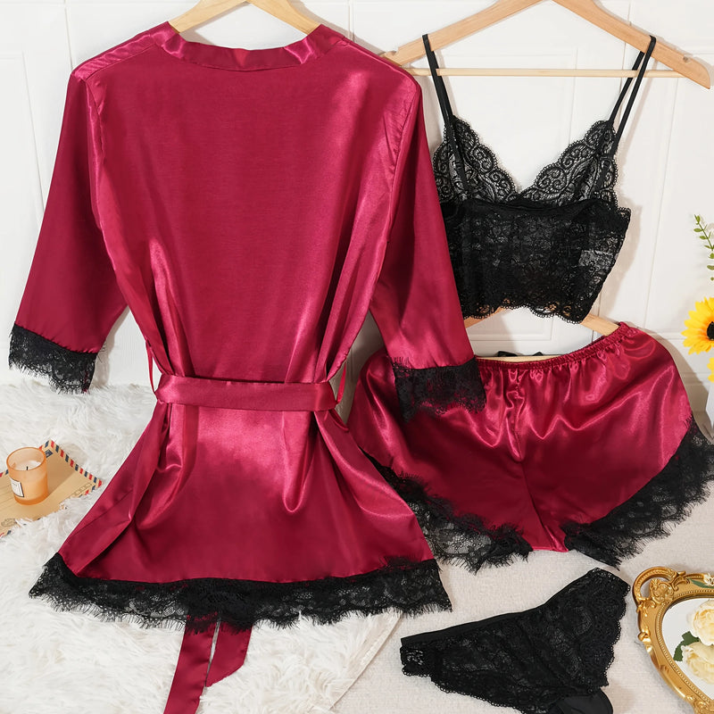 Women Satin Pajama Set Robe Lace Lingerie Sexy Silk | SAMAG