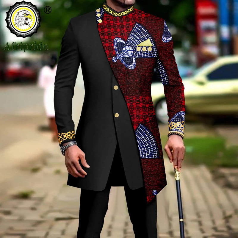 African Suits for Men Embroidery Print Blazer and Pants Set Business Dress with Kerchief Party Wedding - View 12 | SAMAG