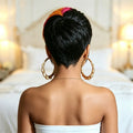 Human Hair Short Pixie Cut Wig, Brown And Pink Orange Streaks, Full Machine Made, Easy Wear For Women, Perfect For Family Party