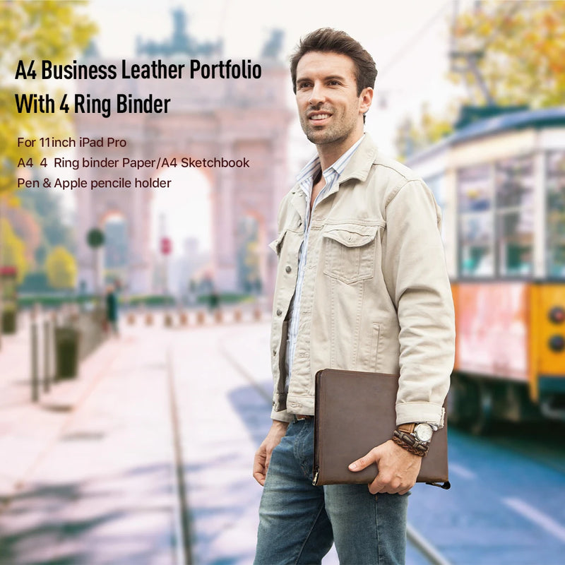 Luxury Retro A4 Cowhide Business Leather Portfolio with 4 Ring Binder Sketchbook Paper Pen Holder Ipad 11 pro Zipper Travel Case