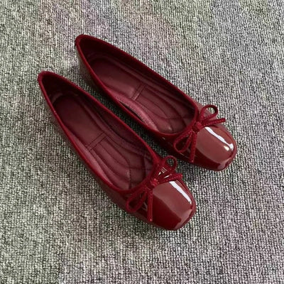 Women's Patent Leather Bow Ballet Flats, Square Toe Soft | SAMAG