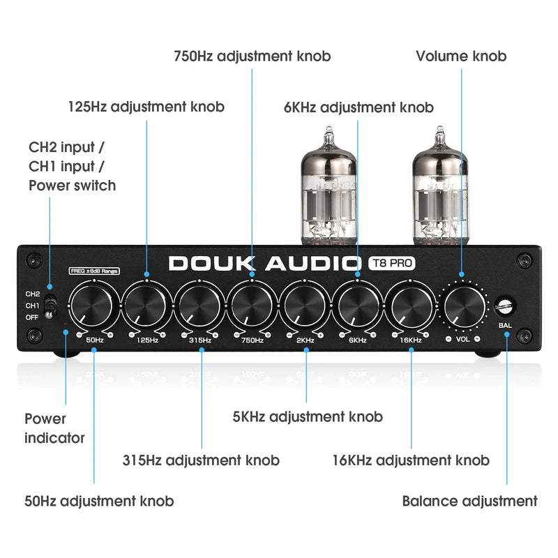 Nobsound HiFi 7-band EQ Equalizer Vacuum Tube Balanced XLR Stereo RCA Pre-amplifier with Tone Control for Desk Speaker