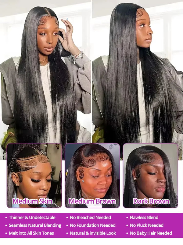 300 High Density Hd 13x4 13x6 Bone Straight Human Hair Lace Front Wigs Pre Plucked Baby Hair Brazilian 40 46 Inch 360 Full Lace Frontal Wigs For Black Women 100% Real Human Hair Natural Black Color