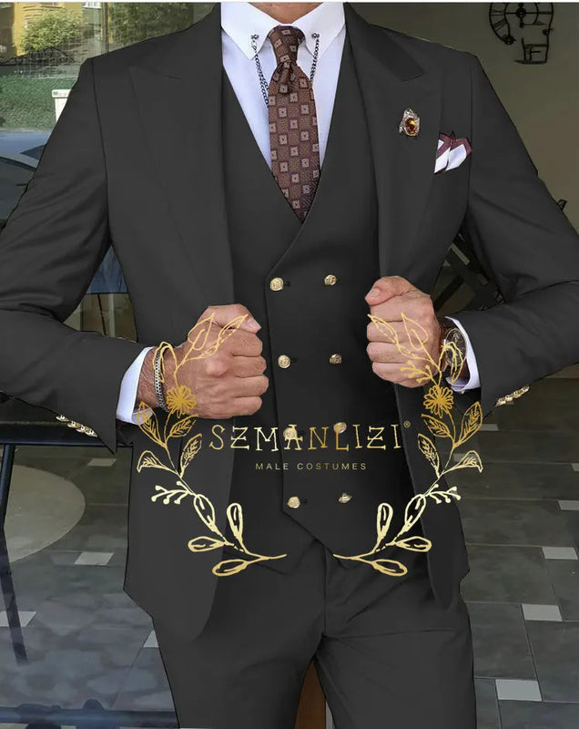 Beige Business Suits For Men Tuxedos Gold Buttons Groom Groomsman Prom Wedding Party Formal 3 Pieces Sets - View 4 | SAMAG