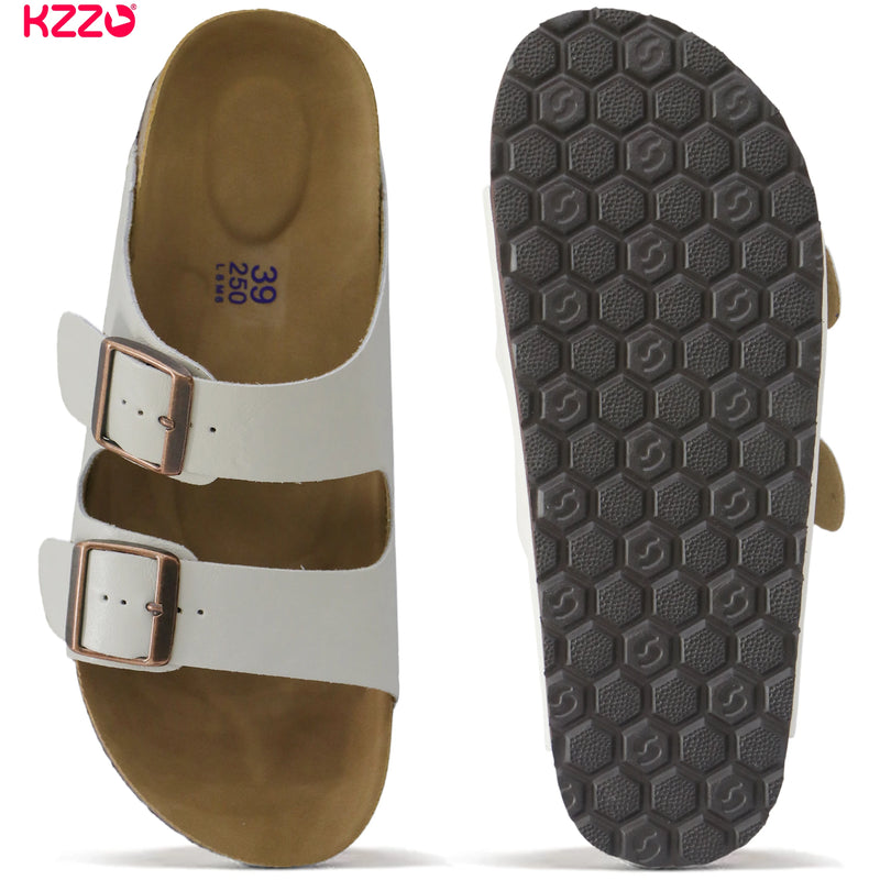 KZZO Waterproof Genuine Leather Mules for Women Non Slip Clog Shoes Outdoor Home Comfort Slip On Flat Double Adjustable Strap