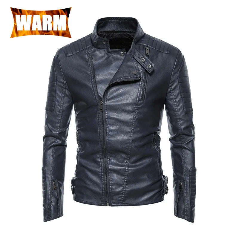 Men's Leather Jackets Casual Fashion Motorcycle Coat O-Neck PU Jacket Autumn Anti-wind Leather Coat Slim Fit Faux Leather Jacket