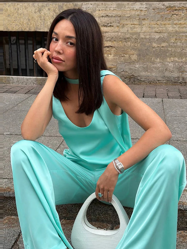 Casual Satin Pants Sets Women V Neck Sleeveless Scarf Patchwork Loose Suits Female 2026 Autumn New Chic Solid Vacation Set Lady