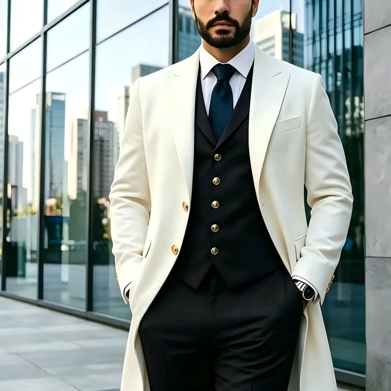 Ivory Long Blazer Men's Suits Single Breasted Wedding | SAMAG