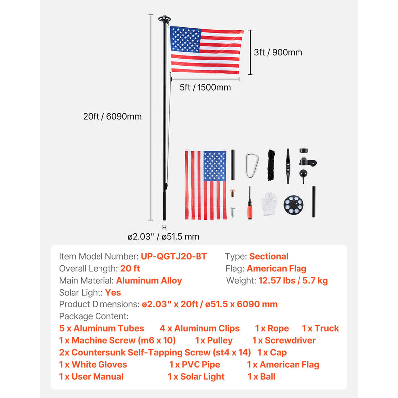 VEVOR 16/20/25/30ft Flag Pole for Outside House In Ground Thick Aluminum Flagpole Kit with 3x5American Flag for Yard Residential