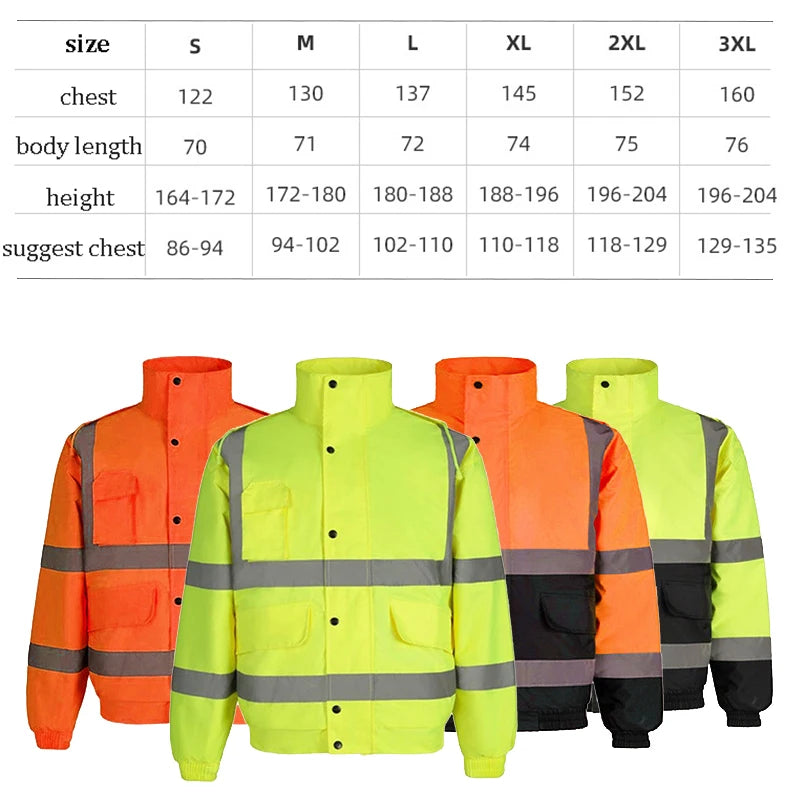 High Visibility Reflective Witnter Jacket Men Waterproof Thickened Safety Coat for Outdoor Work Hi Vis Workwear Bomber Jacket