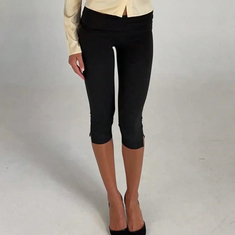 Women's Y2K Low Waist White Capri Leggings Fold Over Waistband Split Hem Solid Color Slim Fit Stretchy Cropped Leggings Buttery