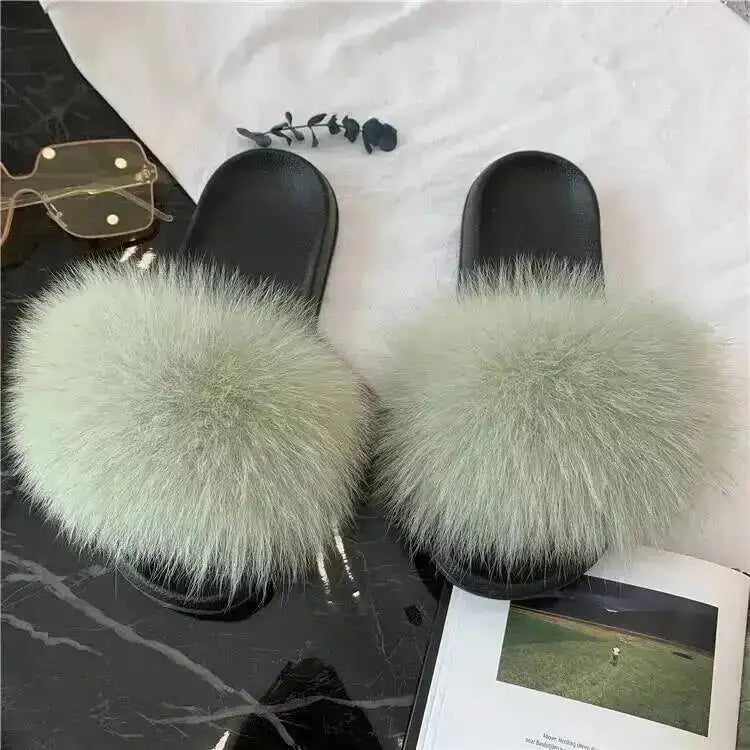 Women Real Raccoon Fur Slides Fluffy Luxury Furry Open Toe Slippers Indoor Outdoor Summer Sandals Non Slip Soft Comfy Sole Cozy