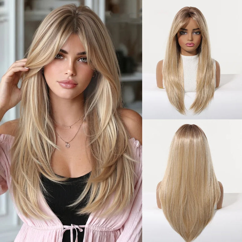 EASIHAIR Medium Length Wavy Blonde Synthetic Wig With Bangs For Women Natural Wigs Hair Heat Resistant Daily Party Cosplay Use