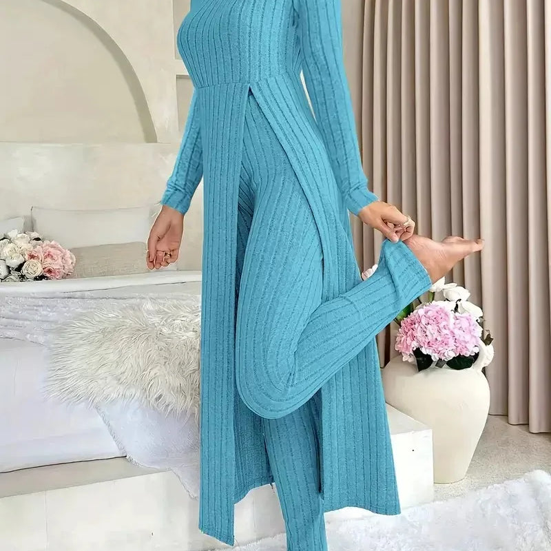2026 New Fall/Winter Design Round-neck Slit Long-Sleeved Thick Striped Long-Sleeved Two-Piece Set (Extra Large Long-Sleeved Casual Wear)
