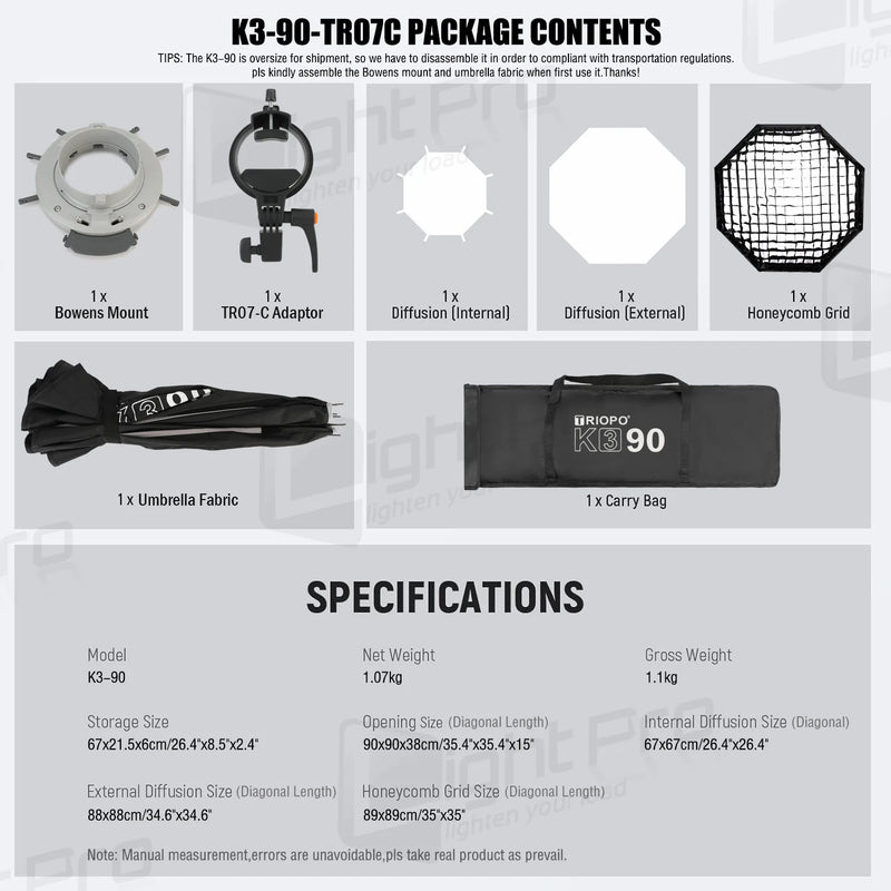 Triopo K3 Quick-Setup Bowens Mount Octagon Softbox One-Step Install Portable Light Modifier Umbrella Reflector W/ Honeycomb Grid