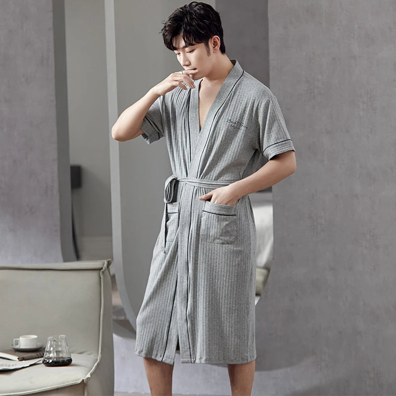Big Yards L - 4XL Pajamas Mens Soft Cotton Knited Robes Sexy V-Neck Short Sleeve Bathrobe Male Solid Color Nightgown Lounge