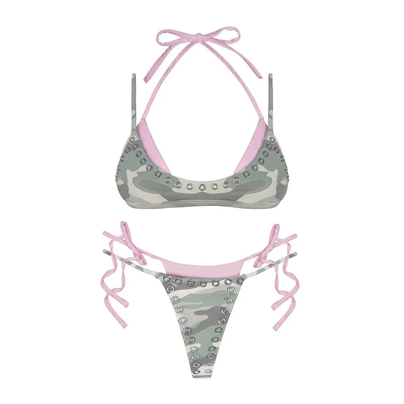 Gothic Camouflage Pink Contrast Metal Decorative Bikini | SAMAG