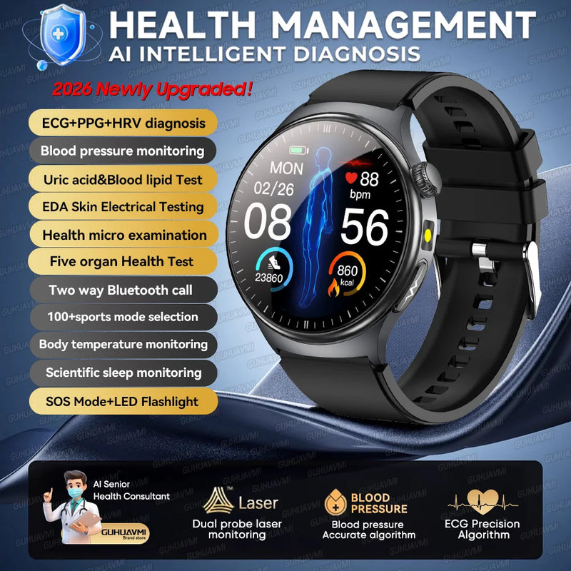 2026New AI-Diagnosis Care Smartwatch ECG+PPG Accurate Uric Acid Blood Pressure Body Fat Five organ Fitness Waterproof Smartwatch