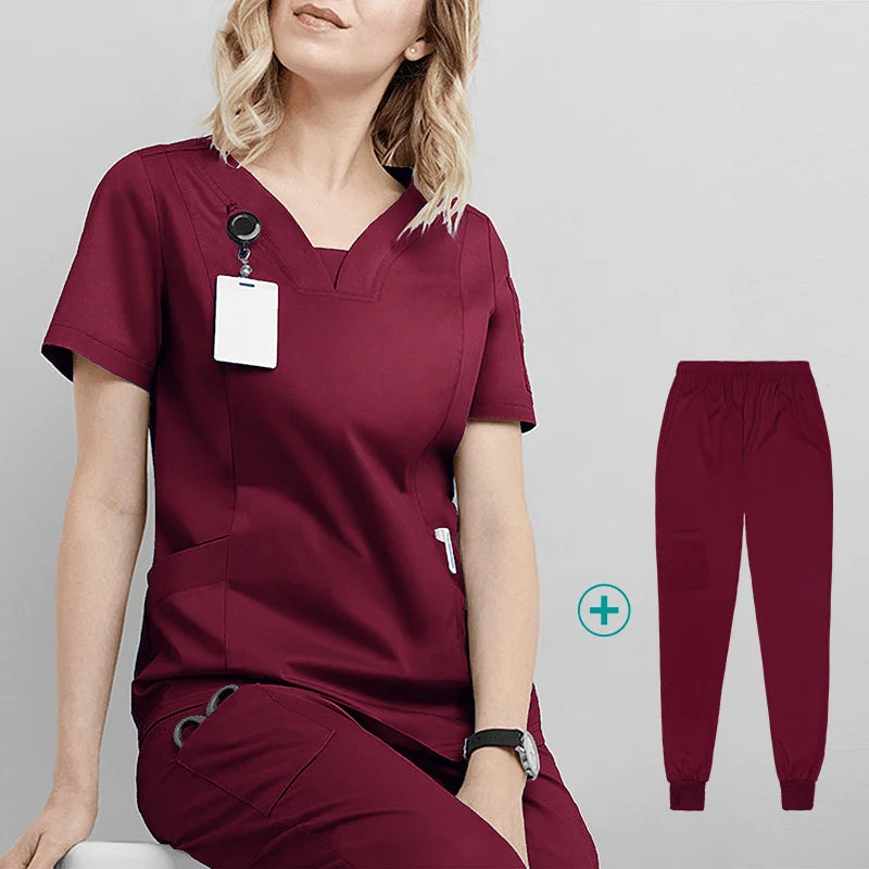 Woman Medical Scrubs Set, V-Neck Short Sleeve Nursing Uniforms With Multi-Pockets, Professional Workwear For Dental Clinic, Sp