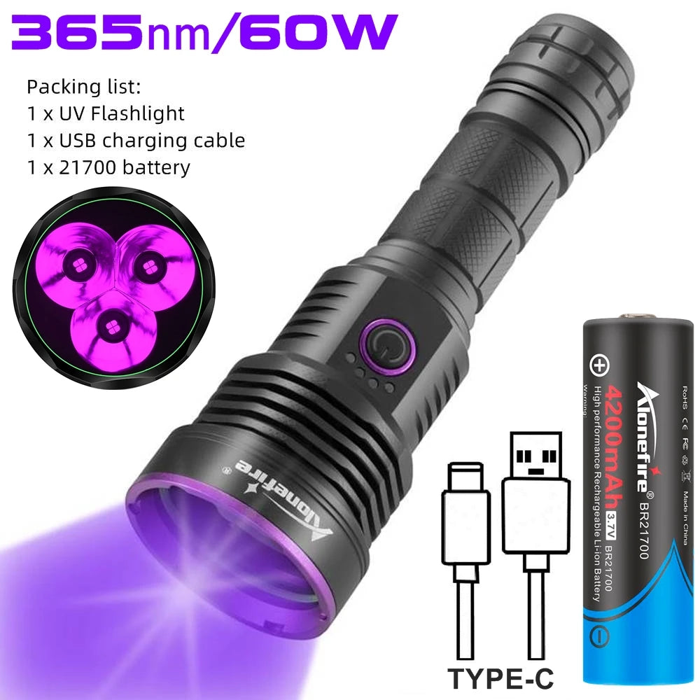 3x365nm 60W UV Flashlight USB Rechargeable Blacklight Curing Cat Tinea Pet Urine Stain Marker Leakage Ore Money Scorpion Light