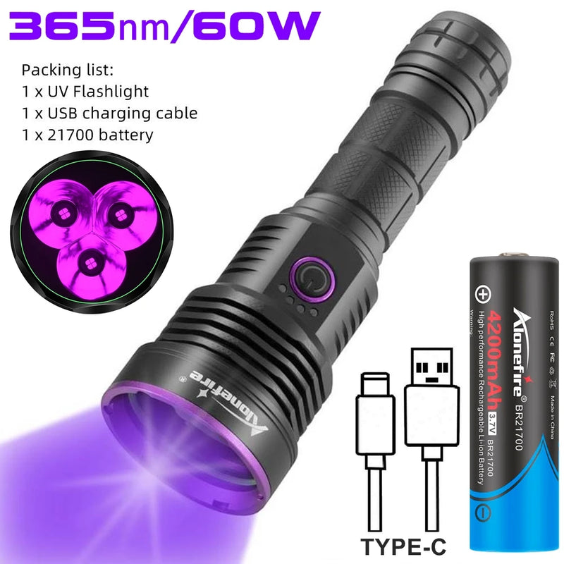 3x365nm 60W UV Flashlight USB Rechargeable Blacklight Curing Cat Tinea Pet Urine Stain Marker Leakage Ore Money Scorpion Light