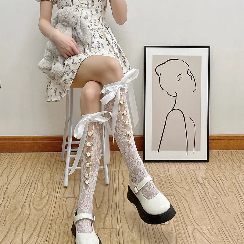 Girls Sweet Stockings Sexy Lace Mesh Fishnet Stockings Knee High Socks Flower Hollow Out Bandage Bow JK Lolita Kawaii Stockings