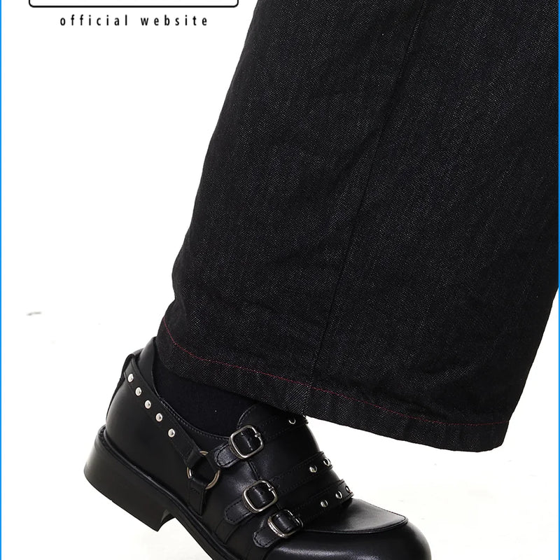 Original niche design buckle strap thick heel loafers men's metal decoration punk round toe leather shoes