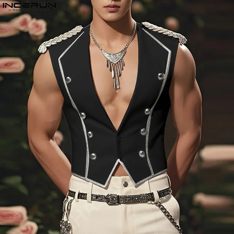 INCERUN Men Vests Patchwork Shiny V Neck Sleeveless Button Casual Male Waistcoats Streetwear 2025 Fashion Leisure Vests S-5XL