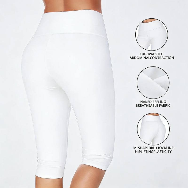 Women's High Waisted White Leggings Knee - Length Yoga - View 2 | SAMAG