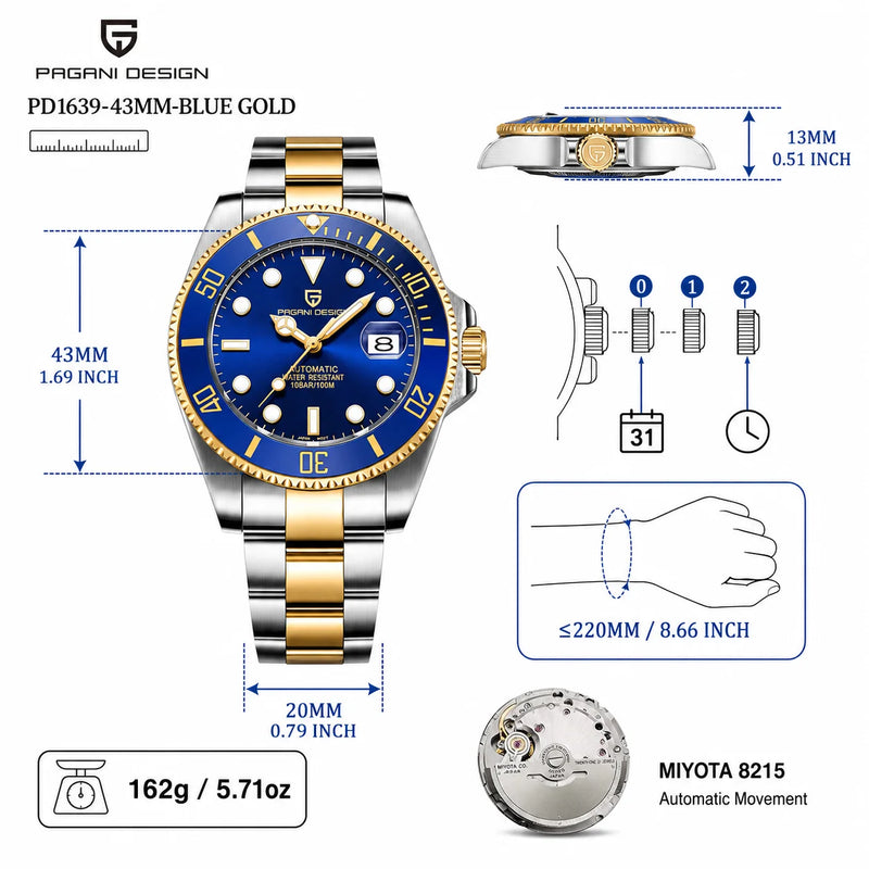 PAGANI DESIGN Men Watches Automatic Watch Mechanical Sapphire Glass Stainless Steel Luminous Date Luxury - Visuel 13 | SAMAG