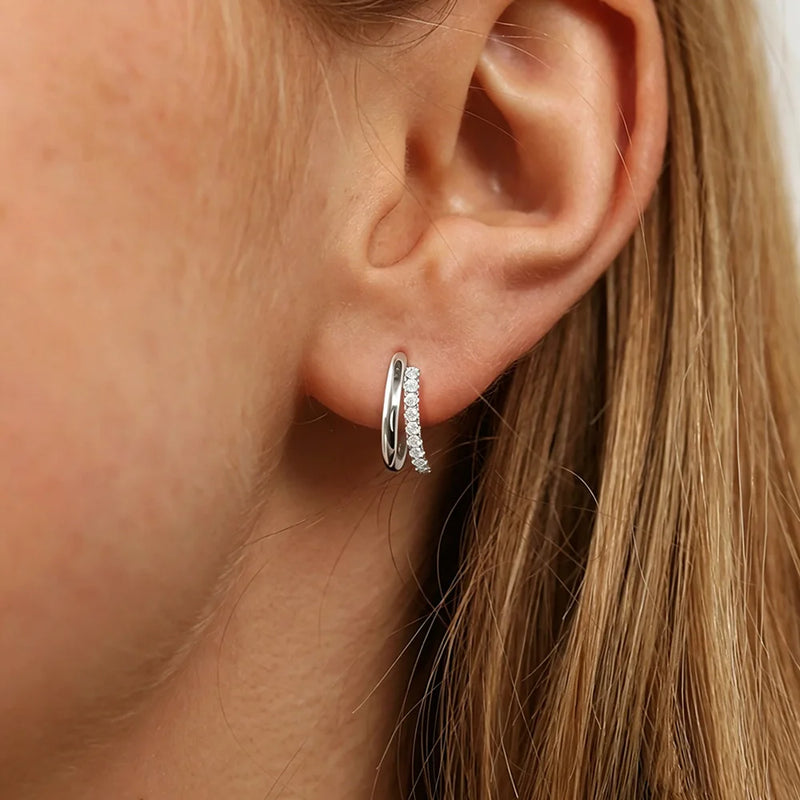 Two Hoop Full Moissanite Earrings for Women 925 Sterling Silver Plated 18K Gold Classic Ear Studs Sparkling Wedding Jewelry Gift
