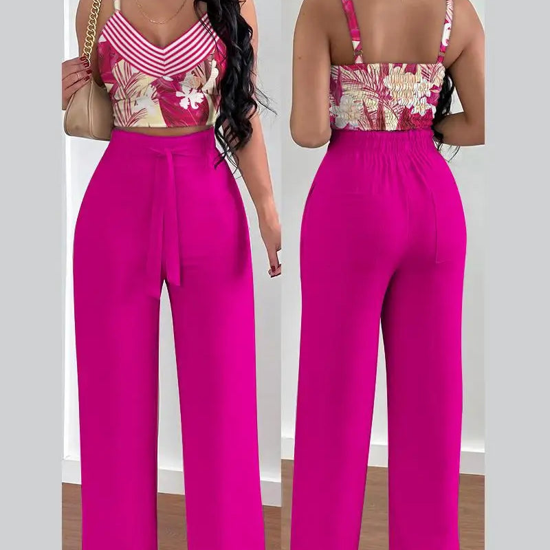 Women's Two Piece Sets Fashion Print Halter V-Neck Short Tank Suit Tops Long Pants Matching Set Summer Casual Female Slim Pants