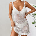 Women Sexy Knitted Halter Tight Cover Ups 2024 Summer Hollow See Through Beach Dress Short Skirt Sunscreen Solid Cover Up