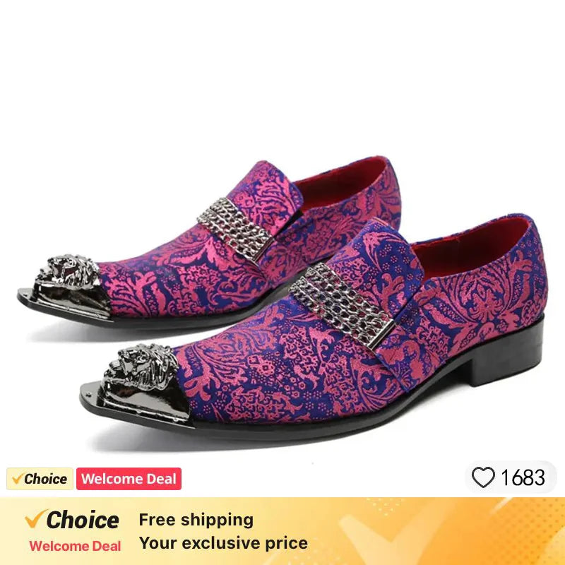 New red black Color Men Leather Shoes Men's Loafers with Gold Toe and Metal Party Wedding Men Dress Shoes