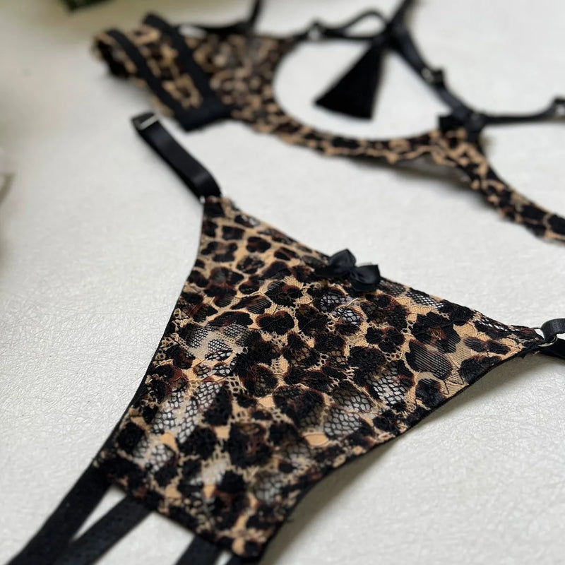 Womens Leopard Lingerie Set Tassel Detail Halter Neck Cut Out Design Sexy Back Open Brief Alluring Two Piece Set