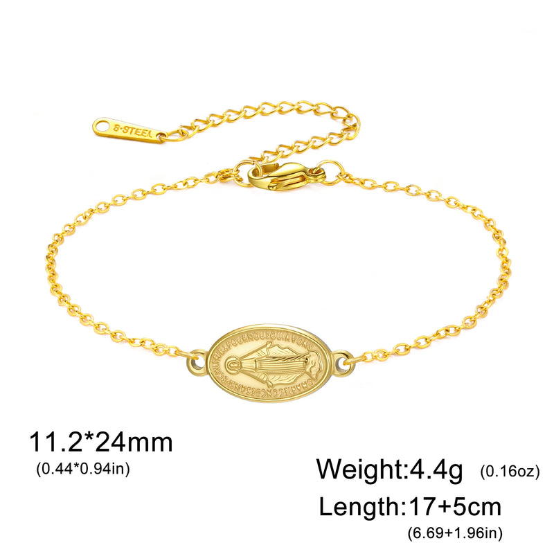 Lucktune Virgin Mary Pendant Bracelet Stainless Steel Cross Women's Red Bracelet Rouge Gold Color Jewelry Religious Amulet Gifts