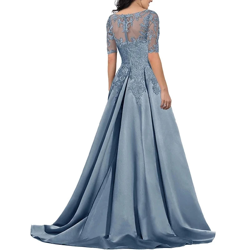 A Line Women Evening Dresses Satin Appliques V Neck Prom | SAMAG