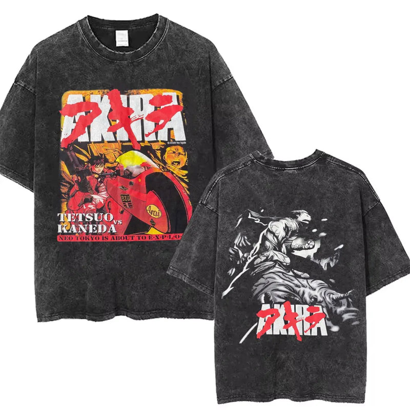 Washed Retro Japanese Anime Akira Print 100%Cotton Men Woment T-shirt Summer Autumn Daily Sports Party Casual Loose Short Sleeve