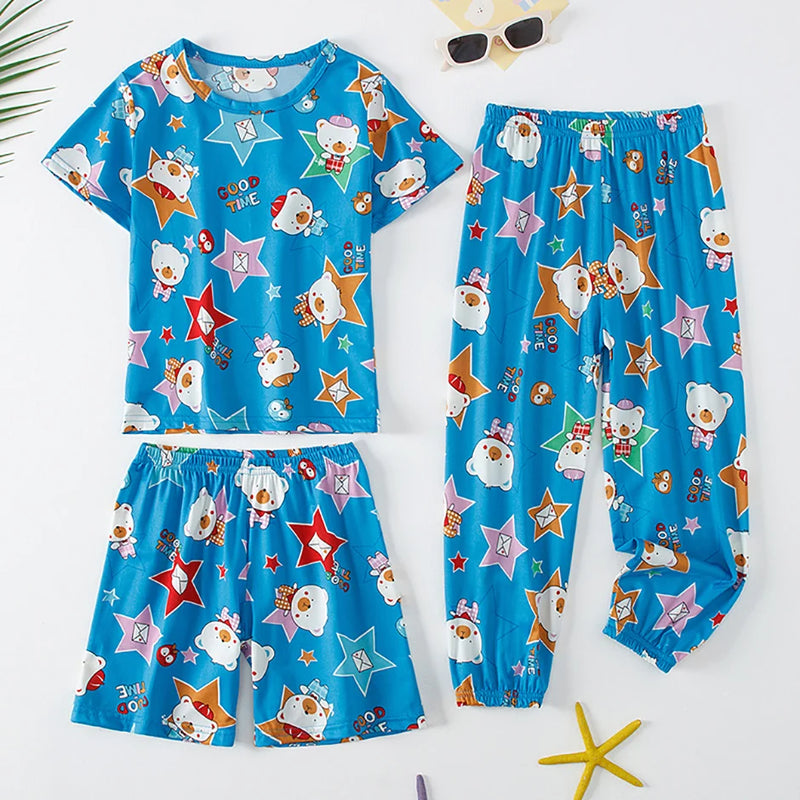 3-Piece Children's Fashion Printed Multicolor Home Service Suit Boy Casual T-shirt Girl Sweet Love Pattern Comfortable Shorts