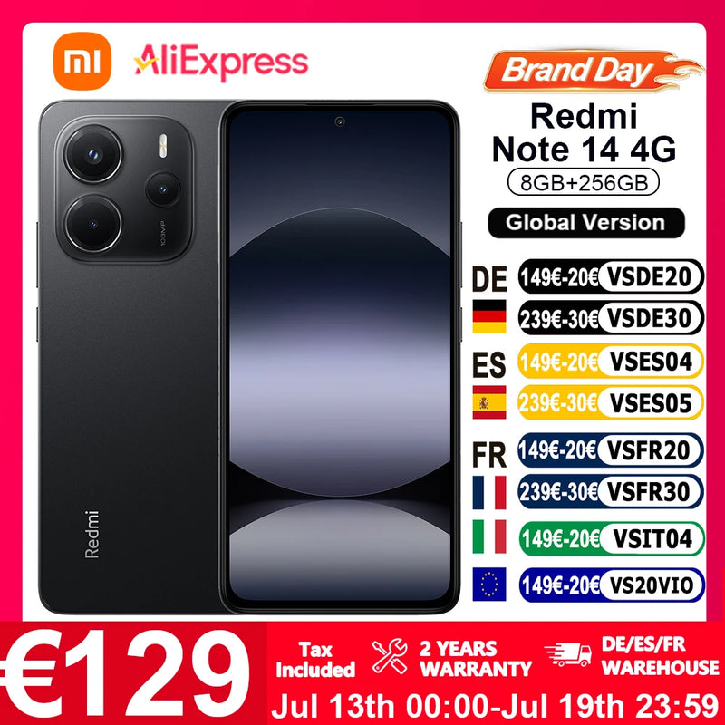 Global Version Xiaomi Redmi Note 14 4G NFC Smartphone MediaTek Helio G99-Ultra 108MP AI Camera 6.67" 120Hz Display 5500mAh