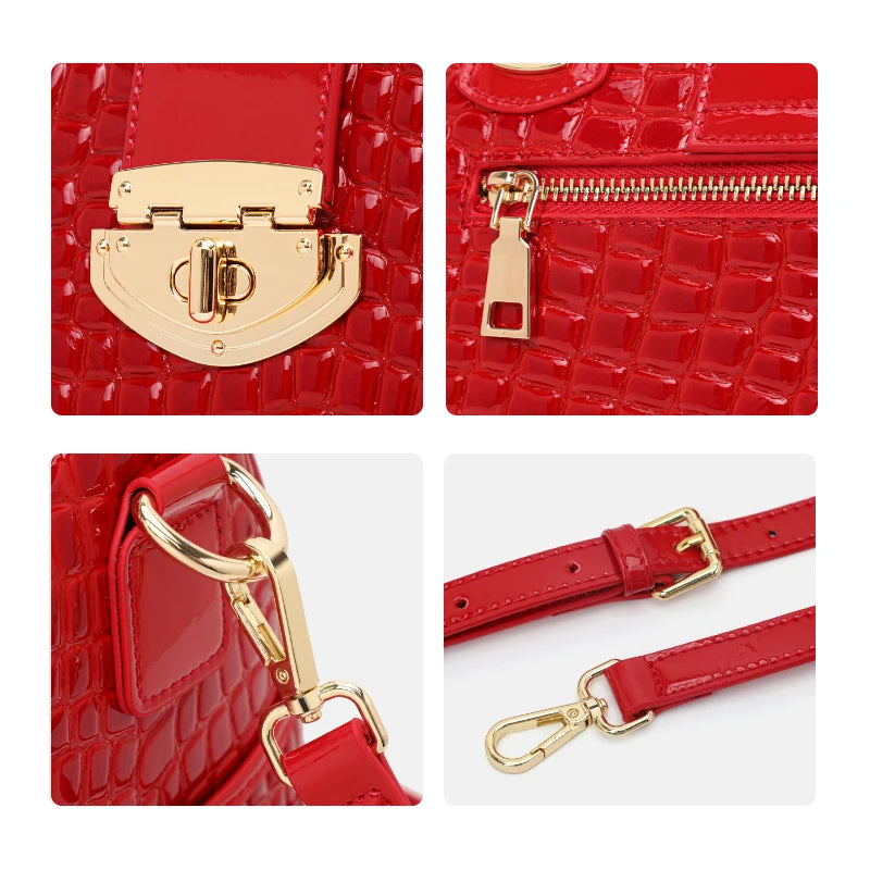 Aidrani Red Genuine Leather Crocodile Tail Boston Bag Women's Fashion Cowhide Handbag Single Shoulder Bag