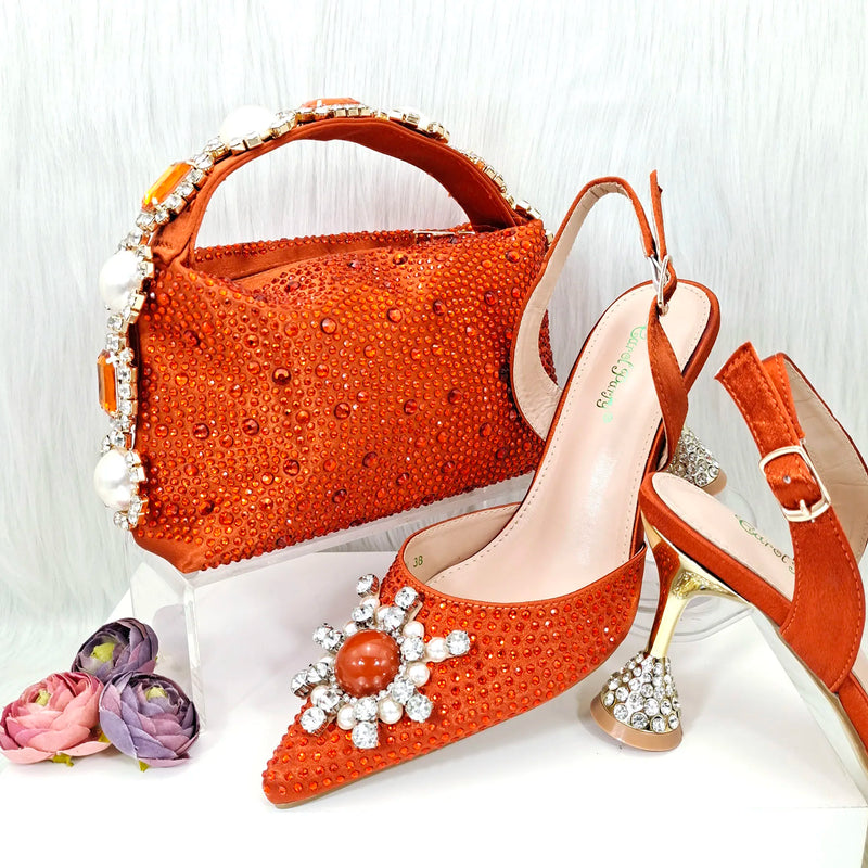 QSGFC 2026 New Fashion Purple Sandals Sequins Rhinestone Point Toe High Heels Slingback Women's Dress Women's Shoes & Bag Set