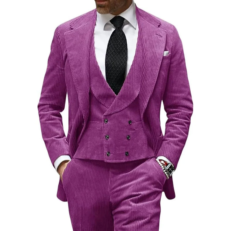 Camel Velvet Men's Suit 3 Piece Corduroy Blazer Vest Pants Set for Business Events Wedding Grooms Banquet Party Custom Tuxedo