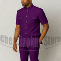 Men's Grey Mandarin Collar Suit Set Short Sleeves Multi-Pocket Jacket and Trousers Fashion Formal Smart Casual Wedding Suits