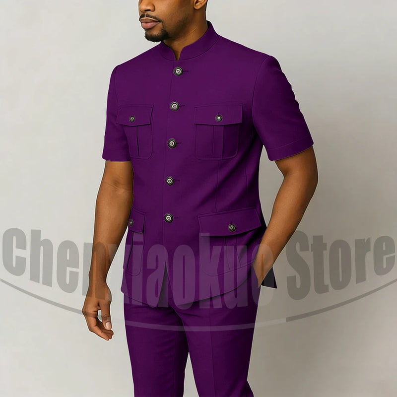 Men's Grey Mandarin Collar Suit Set Short Sleeves Multi-Pocket Jacket and Trousers Fashion Formal Smart Casual Wedding Suits