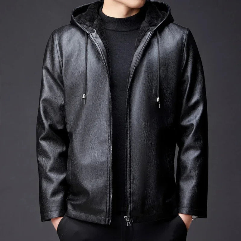 Winter High-end Men's Hooded Leather Jacket with Waterproof Windproof and Plush Insulation Men Clothing