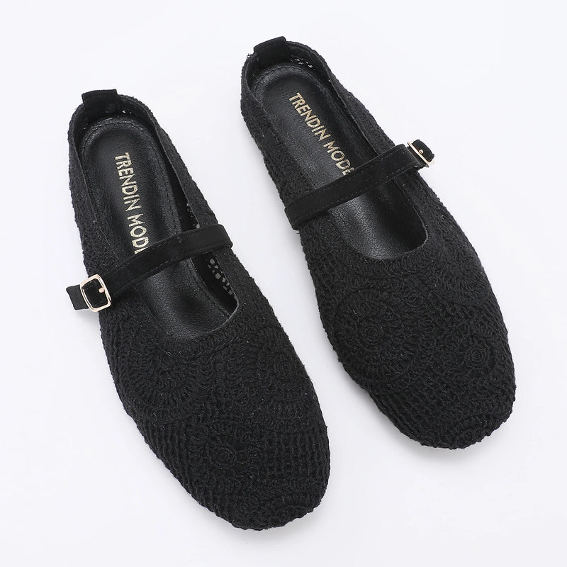 Trendin Mode Women's Knit Mules Square Toe Crochet Knit Slip-on Flats with Adjustable Buckle Breathable Closed-Back Slides