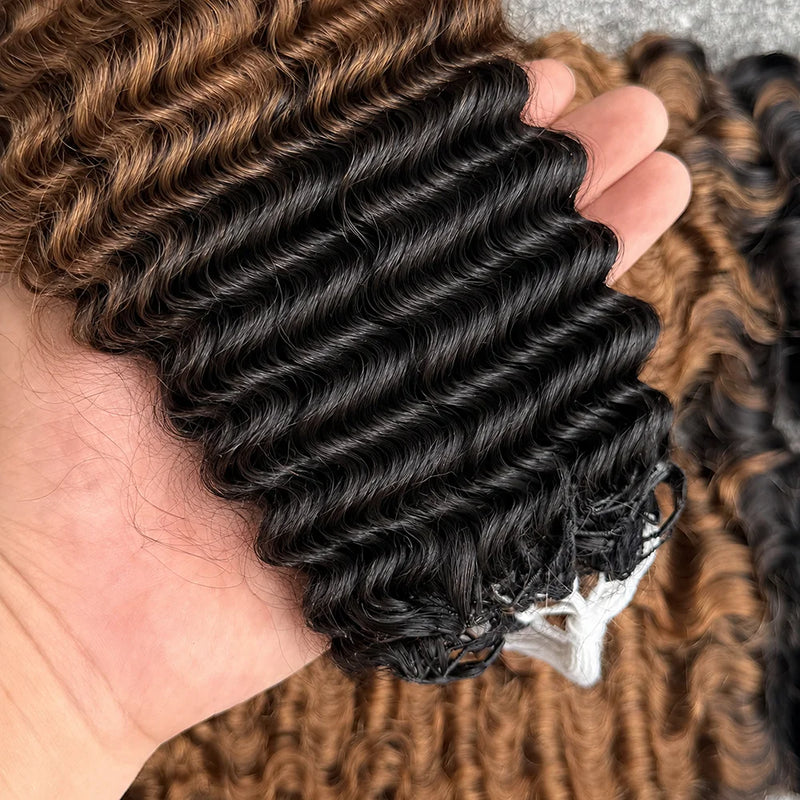 Premium Crochet Human Hair Brown Kinky Curly 100% Unprocessed Human Feather Human Crochet Hair Pre Looped #TB 30 Feather Crochet Hair Extensions Invisible Miracle Knots Crochet Boho Braiding Hair For Elegant Women