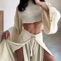 Fashion Flare Sleeve Hollow 2pcs Women Casual Solid Cotton Linen Suit Y2k Summer O Neck Crop Top+Lace-up Ruffle Pants Outfit